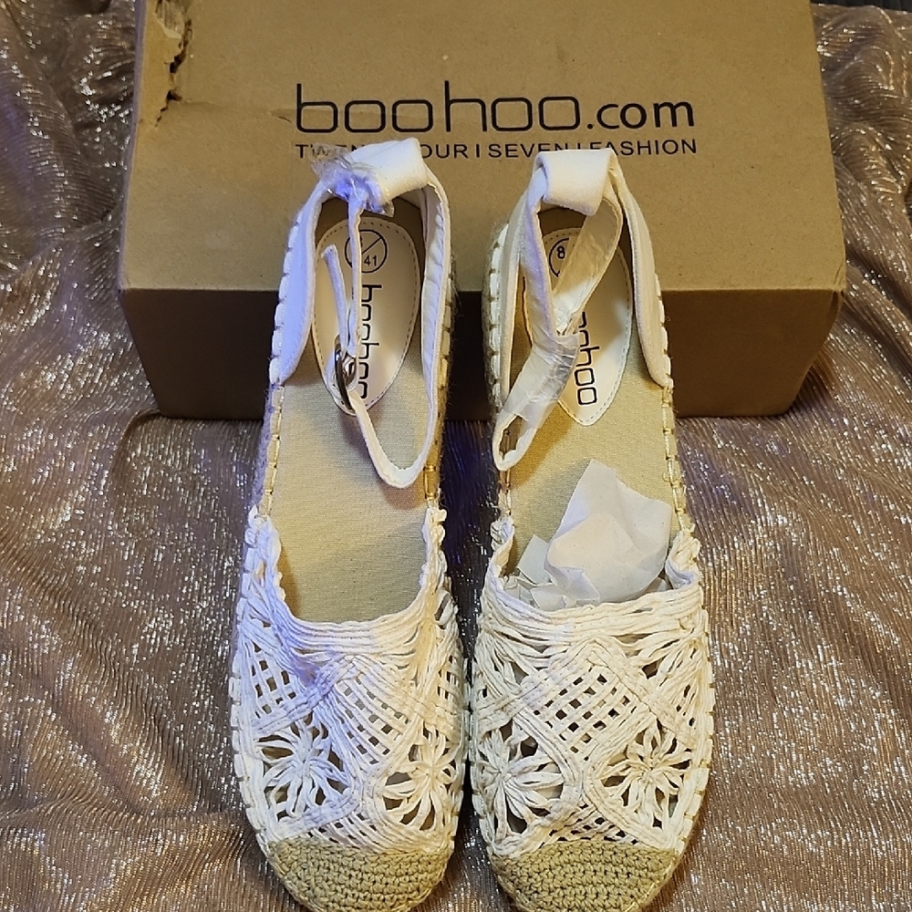 Boohoo Espadrille Flats Cream Tan Crochet Design
